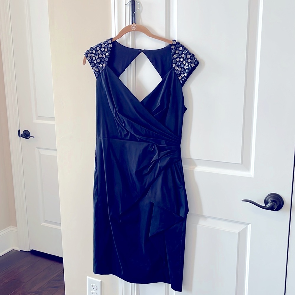 Maggy London Navy Blue Dress with Jeweled Cap Sleeves